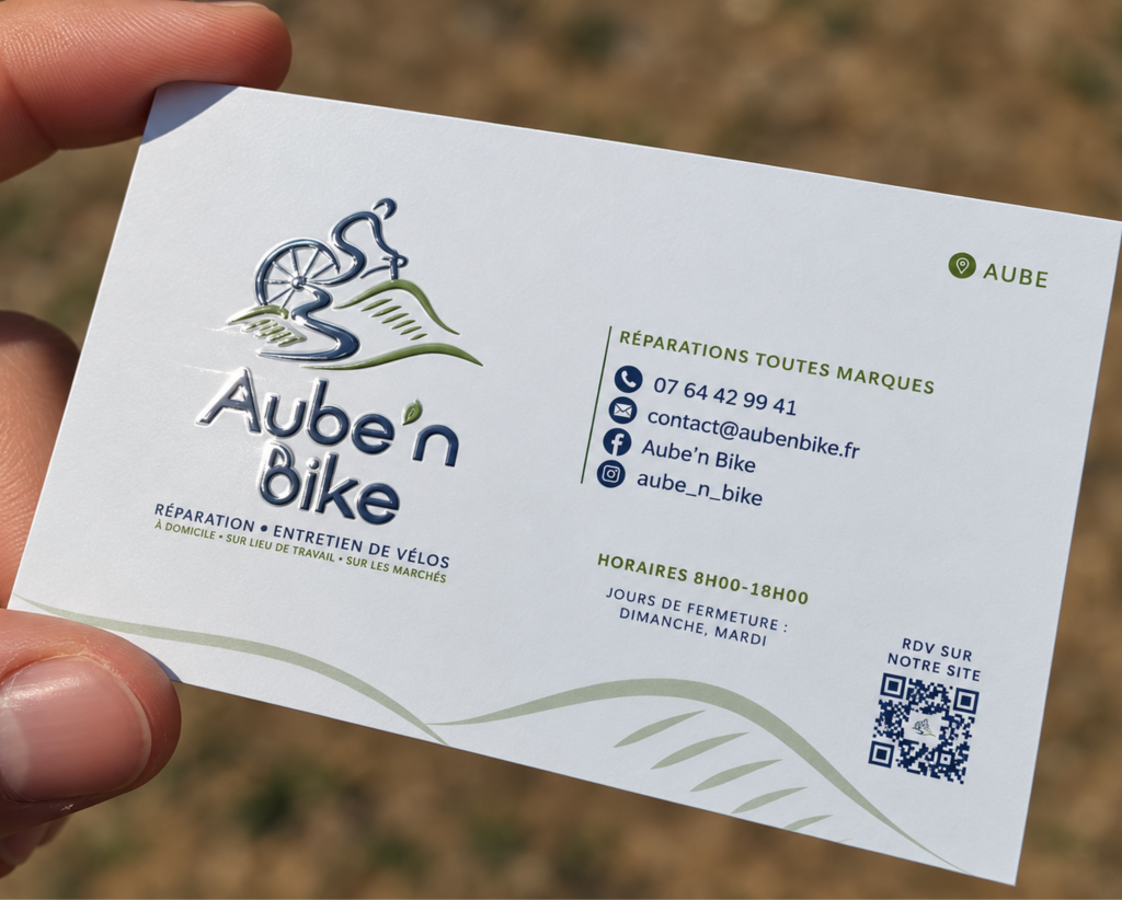 carte de visite vernis imprimés Aube'n Bike